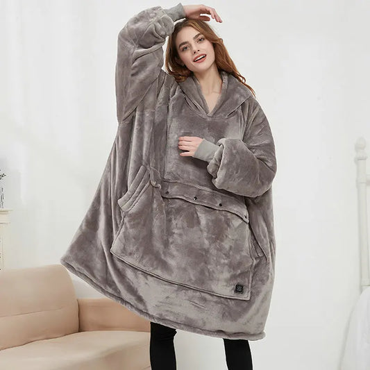 USB Heated Oversized Wearable Blanket Hoodie Ultra Soft Flannel & Wool (Unisex)