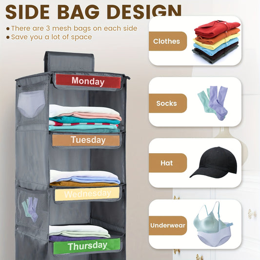 1pc 5-Tier Youngsters Clothing Organizer - Weekly Color-Coded Hanging Storage Bags With Durable Nylon Wall-Mounted Shelves For Bedroom, School Dorm, Closet - Organize Clothes, Pants, Underwear, Socks