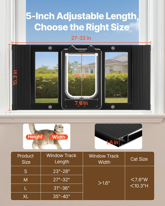 Cat Door For Window, Adjustable To Fit Window Width 27"-32", 4 Secure Lock Modes, Aluminum Frame And High-Transparency Glass, Magnetic Closure, Weatherproof Quick-Fit Pet Door For Cats, Black