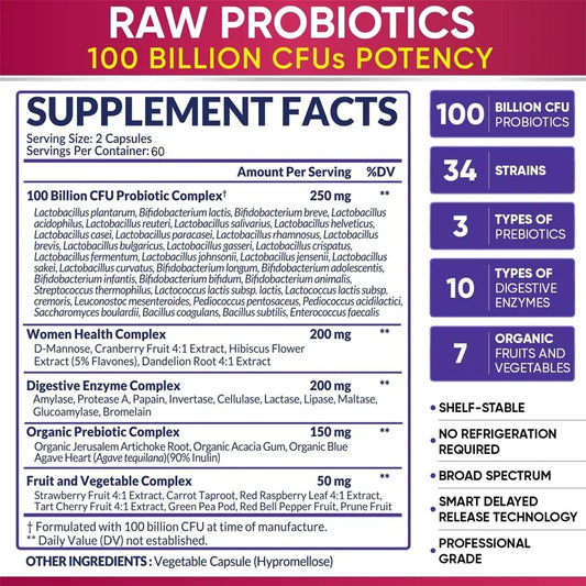 100 Billion Natural Organic Probiotics, Digestive Enzymes - Gut & Immune Health, Gas & Bloating Relief