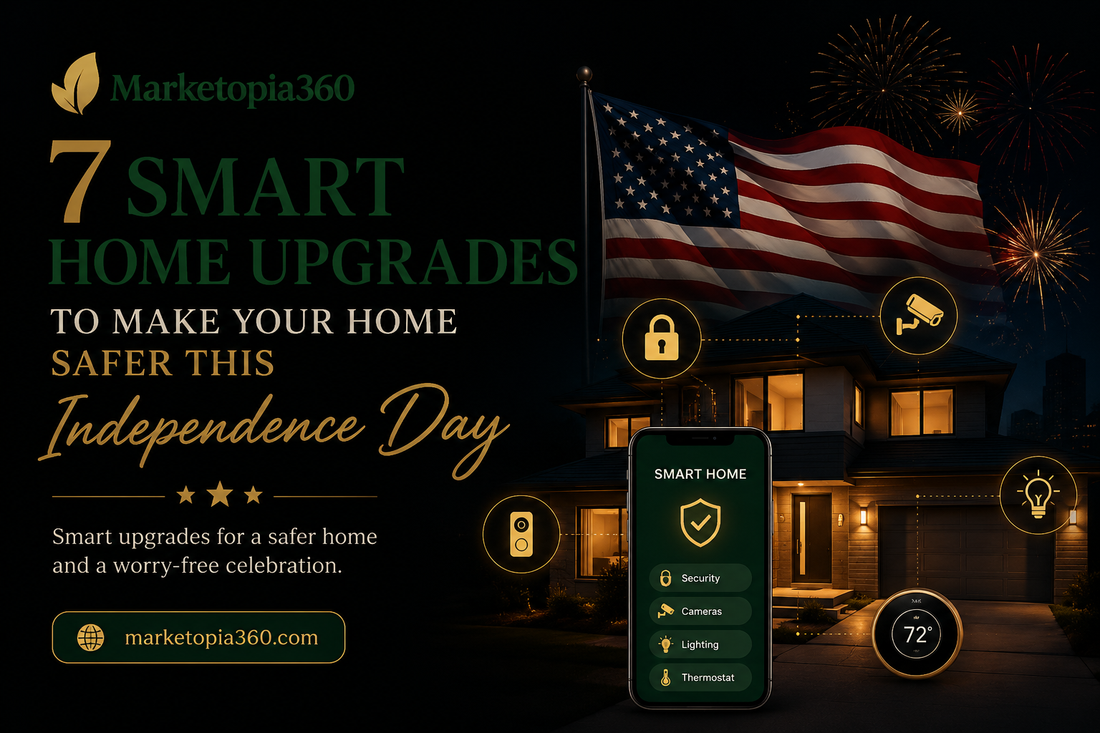 Smart home devices including lights, cameras, and smart speakers in a modern house decorated for Independence Day.