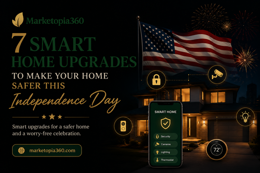 Smart home devices including lights, cameras, and smart speakers in a modern house decorated for Independence Day.