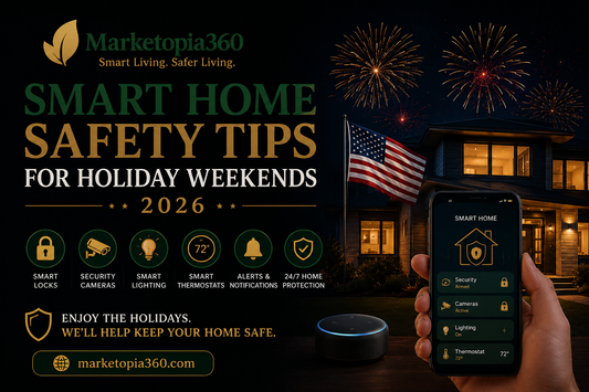 Smart home showing connected security devices, smart locks, and cameras monitoring a house during a holiday weekend.