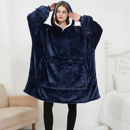 USB Heated Oversized Wearable Blanket Hoodie Ultra Soft Flannel & Wool (Unisex)