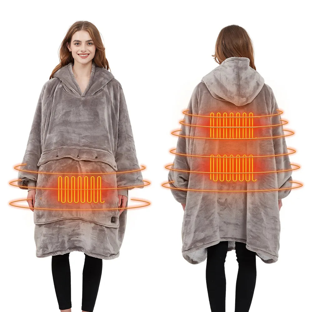 USB Heated Oversized Wearable Blanket Hoodie Ultra Soft Flannel & Wool (Unisex)