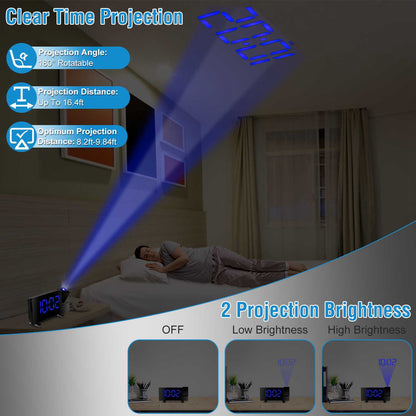 1Pc Projection Alarm Clock With Radio Function Curved Screen LED Digital Alarm Clock With Dual Alarms 4 Dimmer 12-24 Hour USB Charging Port 180Degree Rotatable Projection