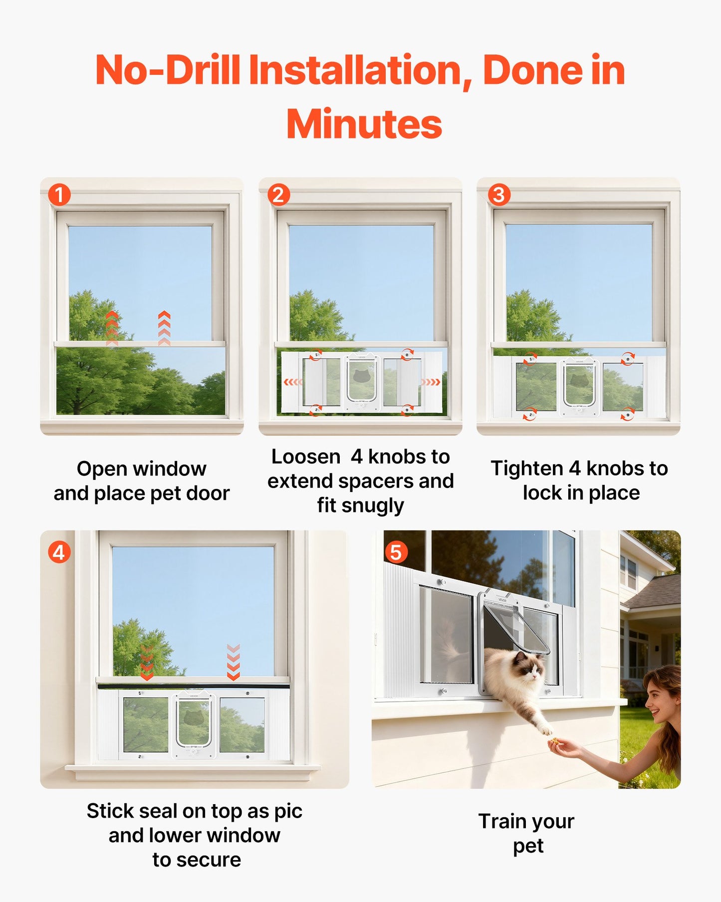 Cat Door For Window, Adjustable To Fit Window Width 35"-40", 4 Secure Lock Modes, Aluminum Frame And High-Transparency Glass, Magnetic Closure, Weatherproof Quick-Fit Pet Door For Cats, White