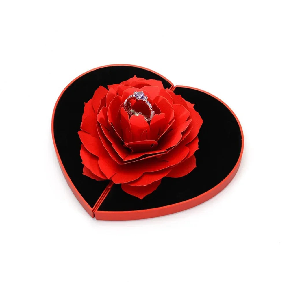 3D Heart-Shaped Rose Ring Box Set