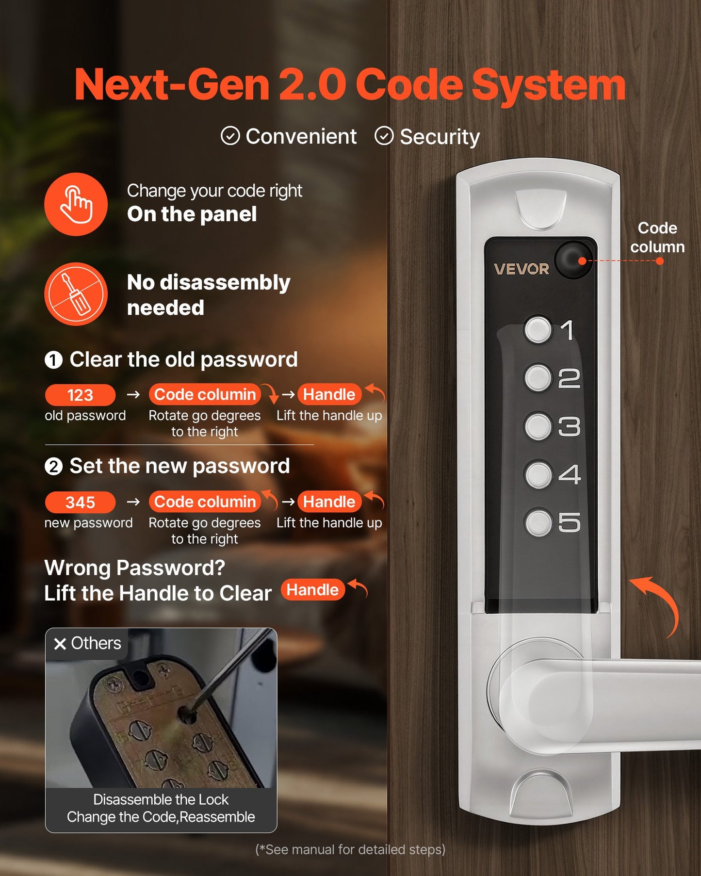 Mechanical Keyless Entry Door Lock, 2.0 Code Upgrade, 5 Digits Code, Single-Sided Push Button Combination Keypad Door Lock With Handle, Auto Locking, For Garden Gates, Indoor Or Outdoor, Silver