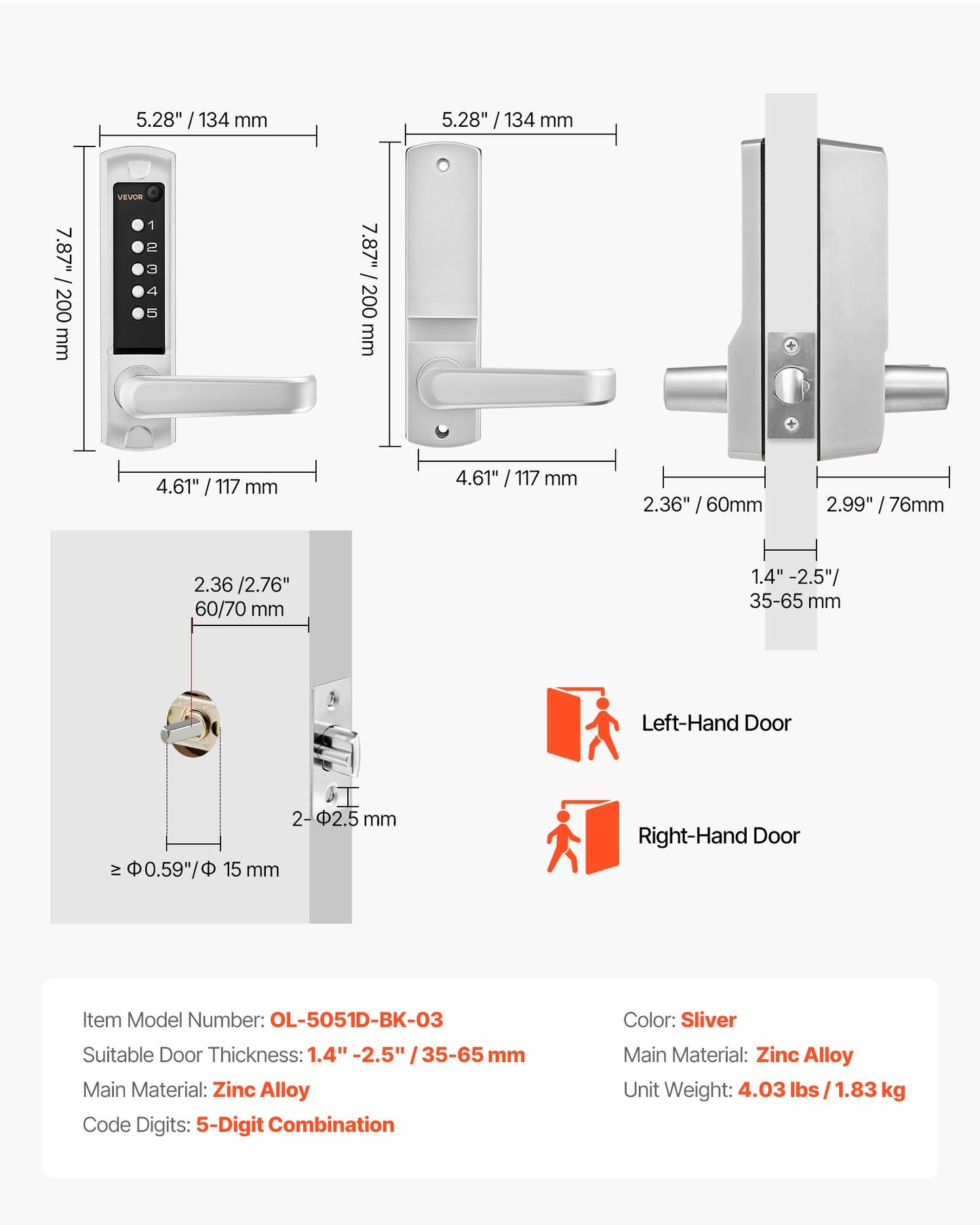 Mechanical Keyless Entry Door Lock, 2.0 Code Upgrade, 5 Digits Code, Single-Sided Push Button Combination Keypad Door Lock With Handle, Auto Locking, For Garden Gates, Indoor Or Outdoor, Silver