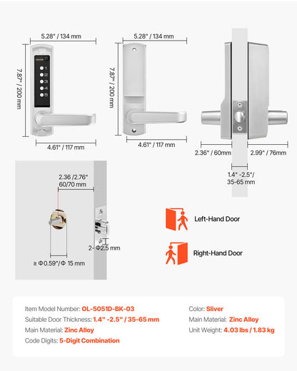 Mechanical Keyless Entry Door Lock, 2.0 Code Upgrade, 5 Digits Code, Single-Sided Push Button Combination Keypad Door Lock With Handle, Auto Locking, For Garden Gates, Indoor Or Outdoor, Silver
