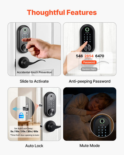 Fingerprint Door Lock Set, Electronic Biometric Deadbolt Keyless Entry Door Lock With Handle, Touchscreen, Auto Locking, One-Time Code, Anti-Peeking Password, IC Cards, For Home, Matte Black