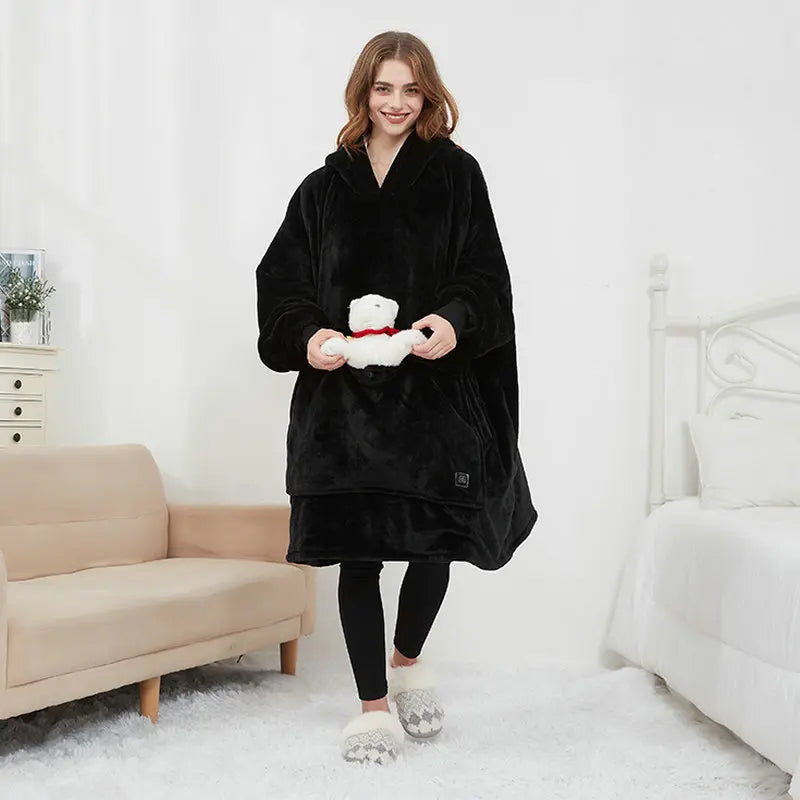 USB Heated Oversized Wearable Blanket Hoodie Ultra Soft Flannel & Wool (Unisex)