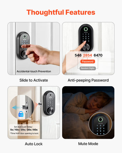 Fingerprint Door Lock, Electronic Biometric Deadbolt With Touchscreen, Auto Locking, One-Time Code, Anti-Peeking Password, Keyless Entry Door Lock With IC Cards, For Home, Apartment, Matte Black