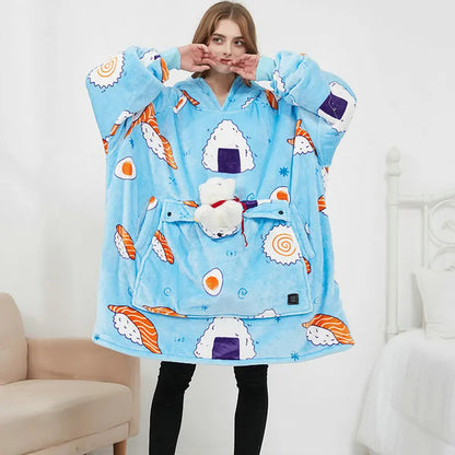 USB Heated Oversized Wearable Blanket Hoodie Ultra Soft Flannel & Wool (Unisex)