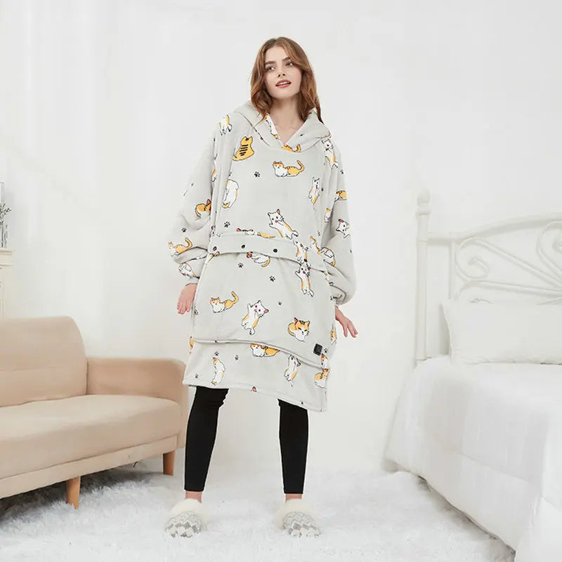 USB Heated Oversized Wearable Blanket Hoodie Ultra Soft Flannel & Wool (Unisex)