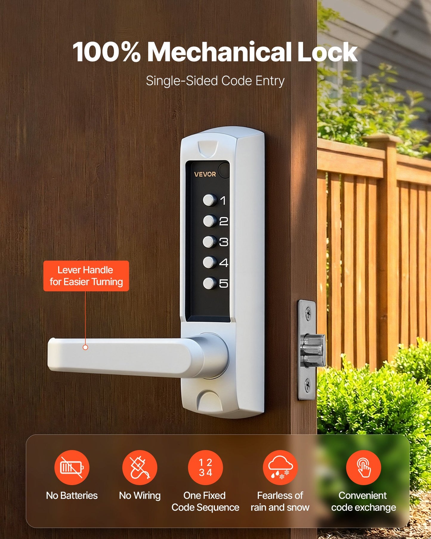 Mechanical Keyless Entry Door Lock, 2.0 Code Upgrade, 5 Digits Code, Single-Sided Push Button Combination Keypad Door Lock With Handle, Auto Locking, For Garden Gates, Indoor Or Outdoor, Silver