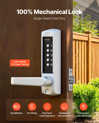 Mechanical Keyless Entry Door Lock, 2.0 Code Upgrade, 5 Digits Code, Single-Sided Push Button Combination Keypad Door Lock With Handle, Auto Locking, For Garden Gates, Indoor Or Outdoor, Silver