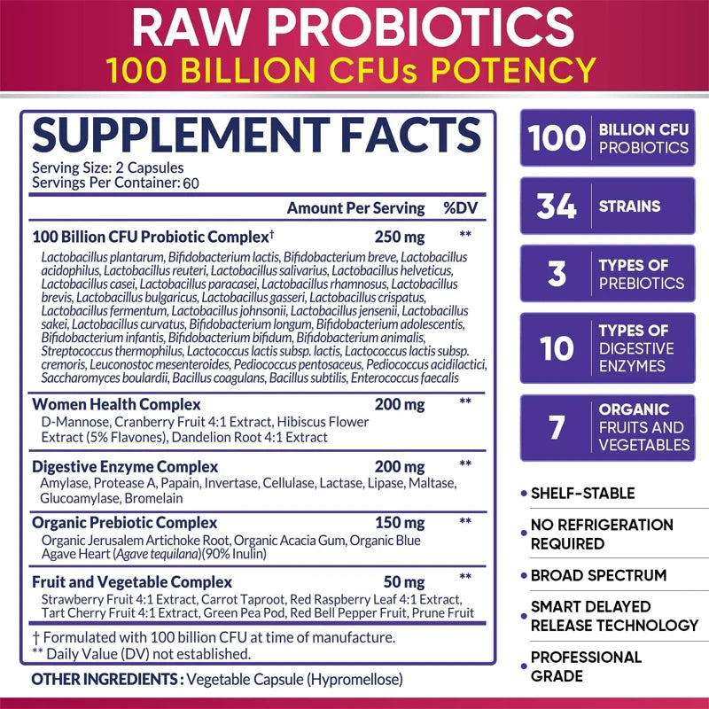 100 Billion Natural Organic Probiotics, Digestive Enzymes - Gut & Immune Health, Gas & Bloating Relief