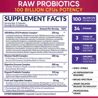 100 Billion Natural Organic Probiotics, Digestive Enzymes - Gut & Immune Health, Gas & Bloating Relief