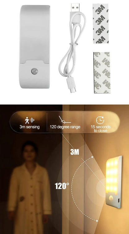 Motion Sensor LED Night Light Rechargeable Human Body Induction Magnetic Cabinet Lamp For Bedroom Wardrobe Closet Kitchen Stairs