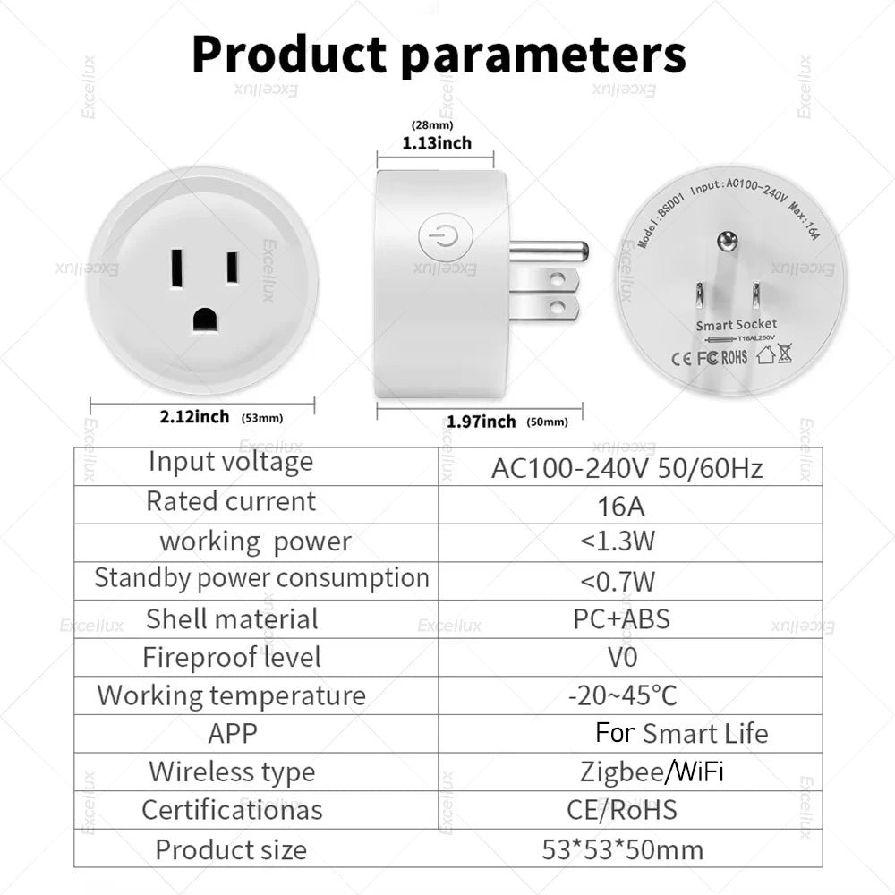 16A Tuya Smart WiFi/Zigbee Socket US Plug With Power Monitoring Timing Function WiFi Outlets Works With Alexa Home Assistant Z2M