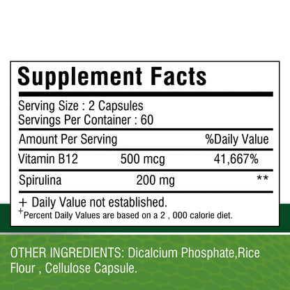 Vitamin B12 - Supports Energy Metabolism and Nervous System, Good for Heart and Brain Health - 120 Capsules