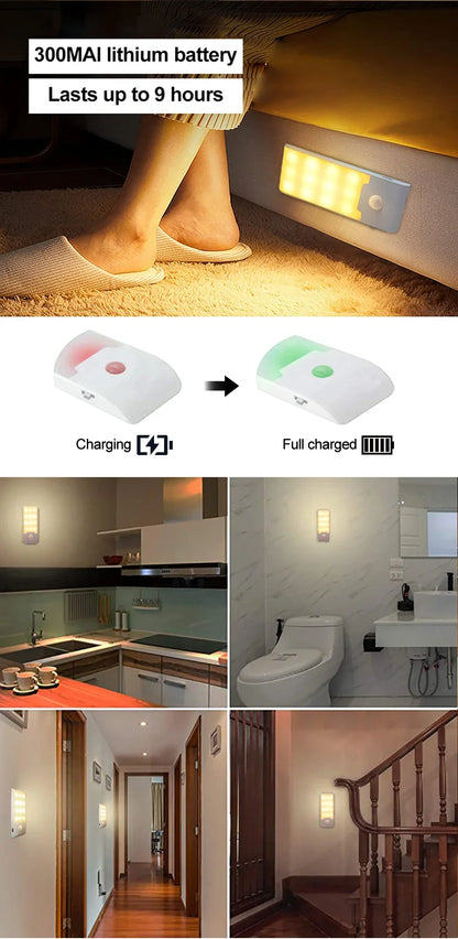 Motion Sensor LED Night Light Rechargeable Human Body Induction Magnetic Cabinet Lamp For Bedroom Wardrobe Closet Kitchen Stairs