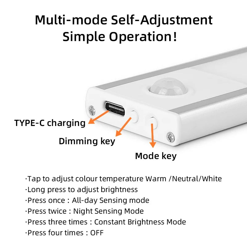 Motion Sensor Cabinet Lights Dimmable LED Night Light Wireless USB Rechargeable Led Tube Light for Wardrobe 3Colors Night Lamp