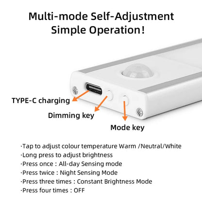 Motion Sensor Cabinet Lights Dimmable LED Night Light Wireless USB Rechargeable Led Tube Light for Wardrobe 3Colors Night Lamp