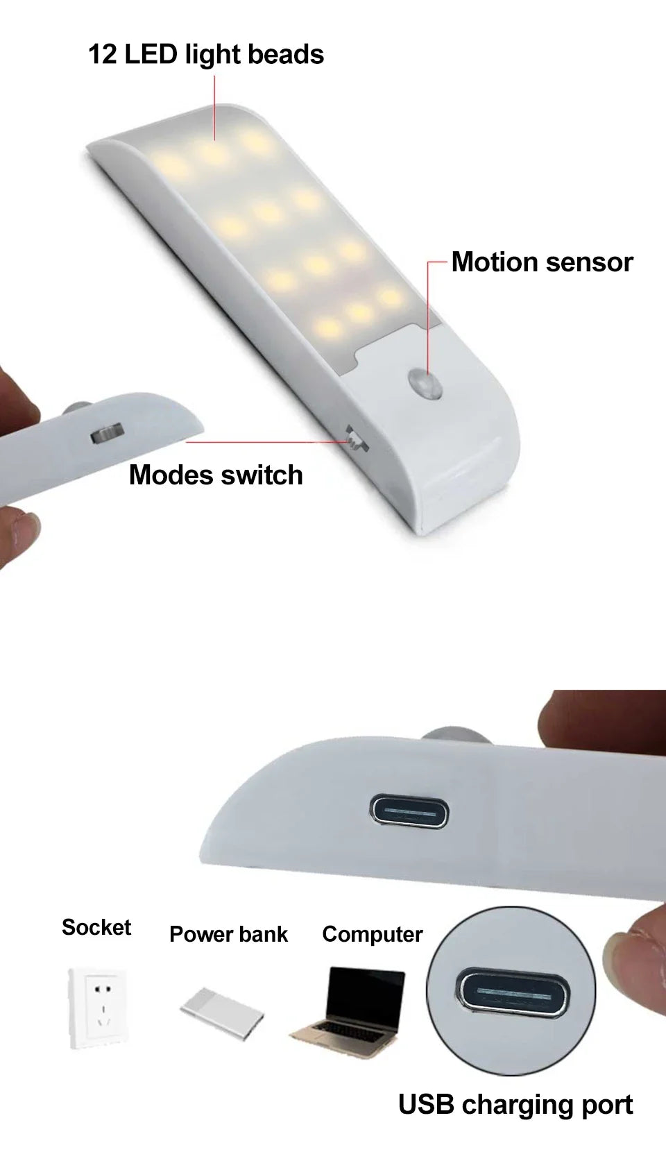 Motion Sensor LED Night Light Rechargeable Human Body Induction Magnetic Cabinet Lamp For Bedroom Wardrobe Closet Kitchen Stairs