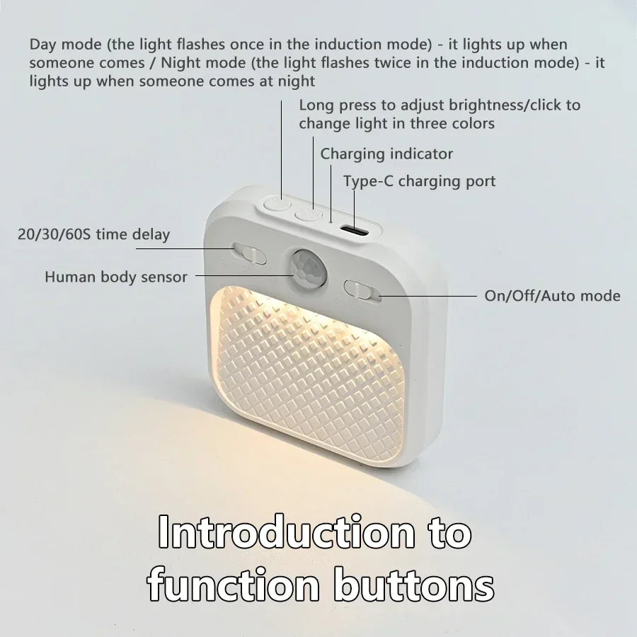 Motion Sensor LED Night Light White Mini Magnetic Removable Tri-colour Adjustable Bedroom Staircase Wardrobe Cabinet Lighting