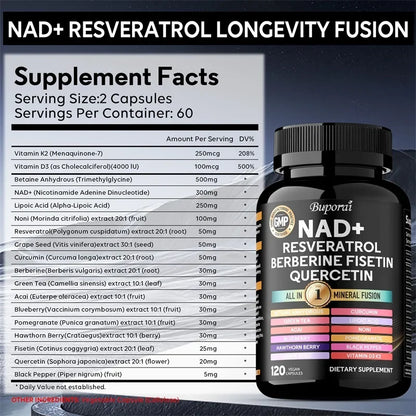 NAD Resveratrol Berberine - Promotes Cardiovascular Health, Endurance, Cellular Health, and Supports Circulatory Function