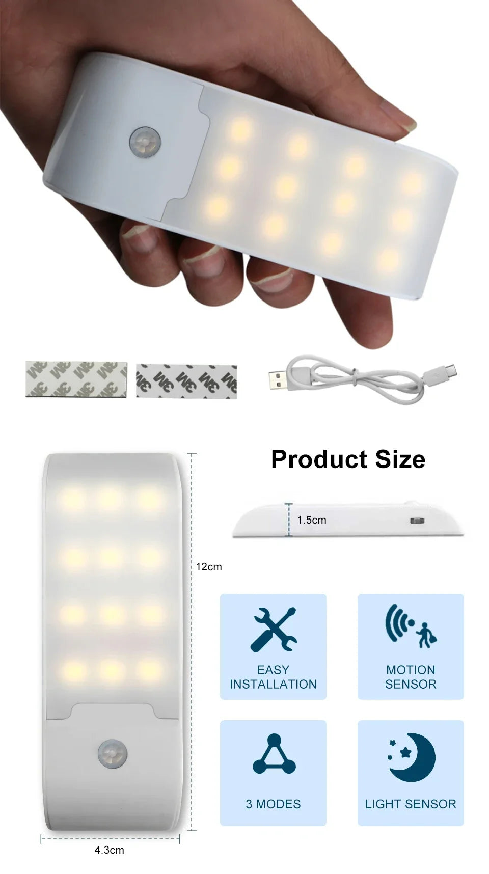 Motion Sensor LED Night Light Rechargeable Human Body Induction Magnetic Cabinet Lamp For Bedroom Wardrobe Closet Kitchen Stairs