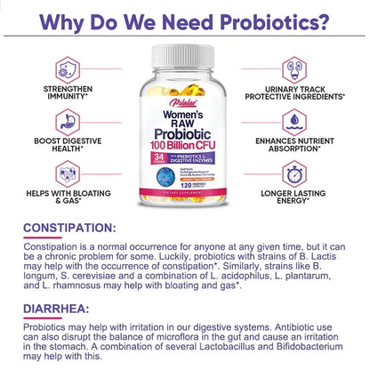 100 Billion Natural Organic Probiotics, Digestive Enzymes - Gut & Immune Health, Gas & Bloating Relief