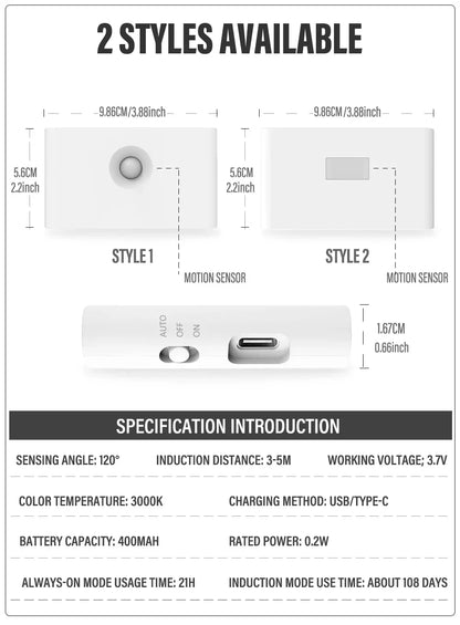 Motion Sensor LED Night Light Rechargeable Human Body Induction Wall Light Bedroom Corridor Cabinet Lamp 2 Sides Luminescence