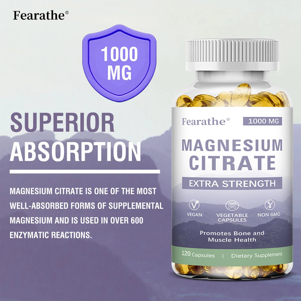 Magnesium Citrate 1000 Mg-Dietary Supplement To Promote Muscle Relaxation, Support Nervous System, Bone and Heart - 120 Capsules