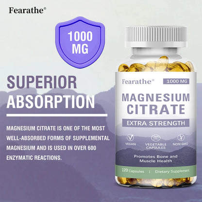 Magnesium Citrate 1000 Mg-Dietary Supplement To Promote Muscle Relaxation, Support Nervous System, Bone and Heart - 120 Capsules