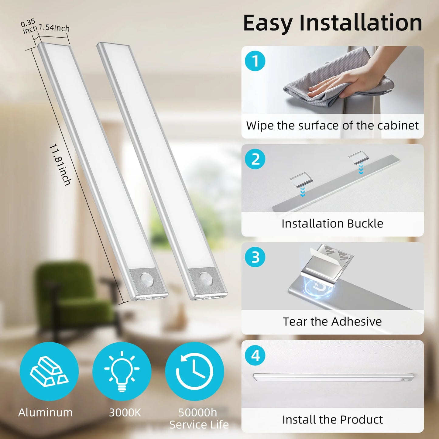 Motion Sensor Light Dimmable USB Rechargeable Lamp 3 Colors Night Light Cabinet Light Bedside Lamps  Battery Lamp LED Light Fixt