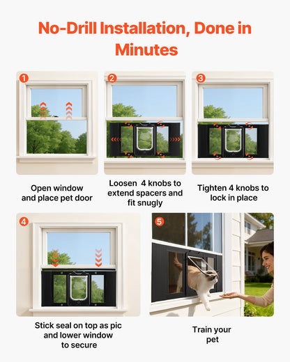 Cat Door For Window, Adjustable To Fit Window Width 27"-32", 4 Secure Lock Modes, Aluminum Frame And High-Transparency Glass, Magnetic Closure, Weatherproof Quick-Fit Pet Door For Cats, Black