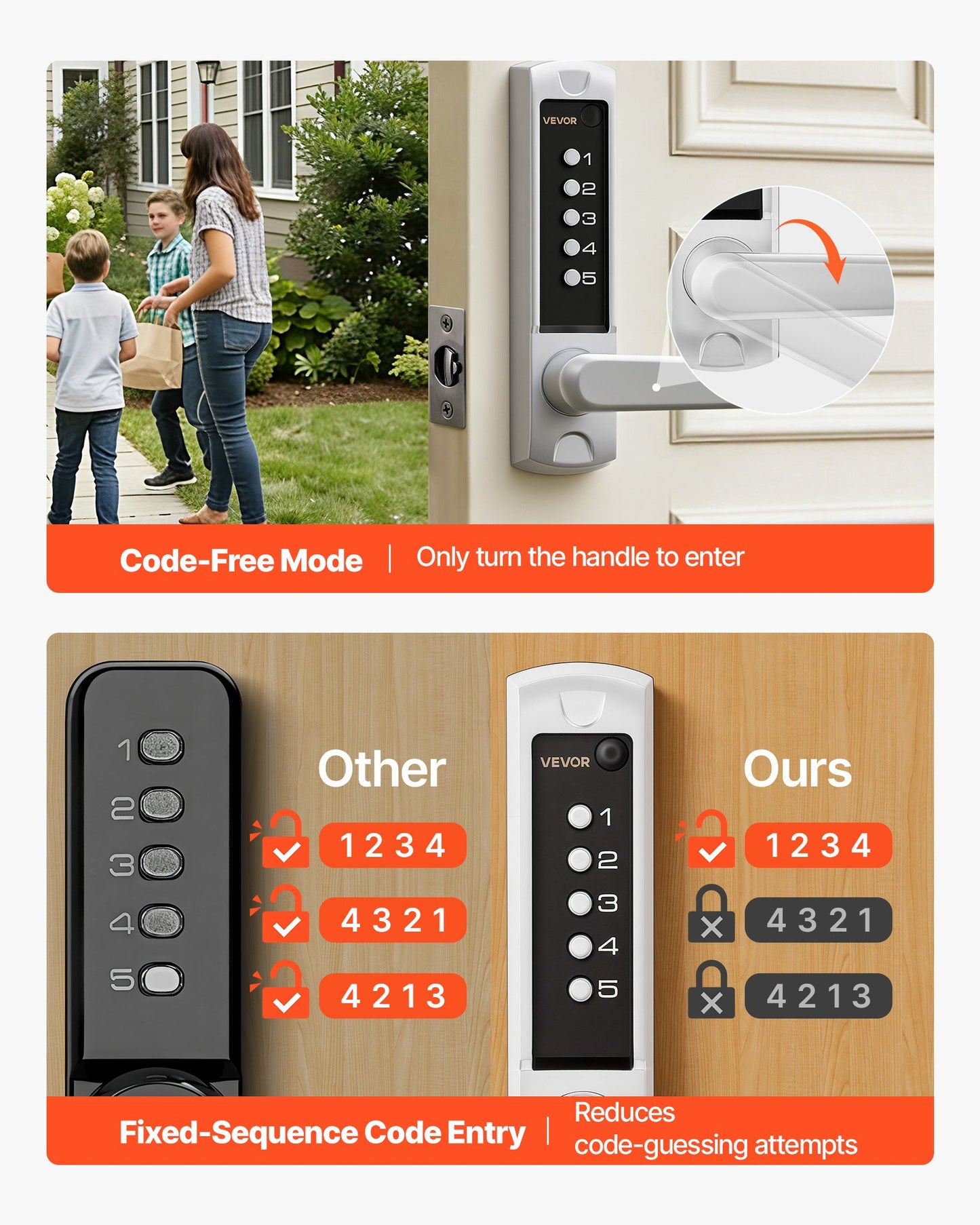 Mechanical Keyless Entry Door Lock, 2.0 Code Upgrade, 5 Digits Code, Single-Sided Push Button Combination Keypad Door Lock With Handle, Auto Locking, For Garden Gates, Indoor Or Outdoor, Silver